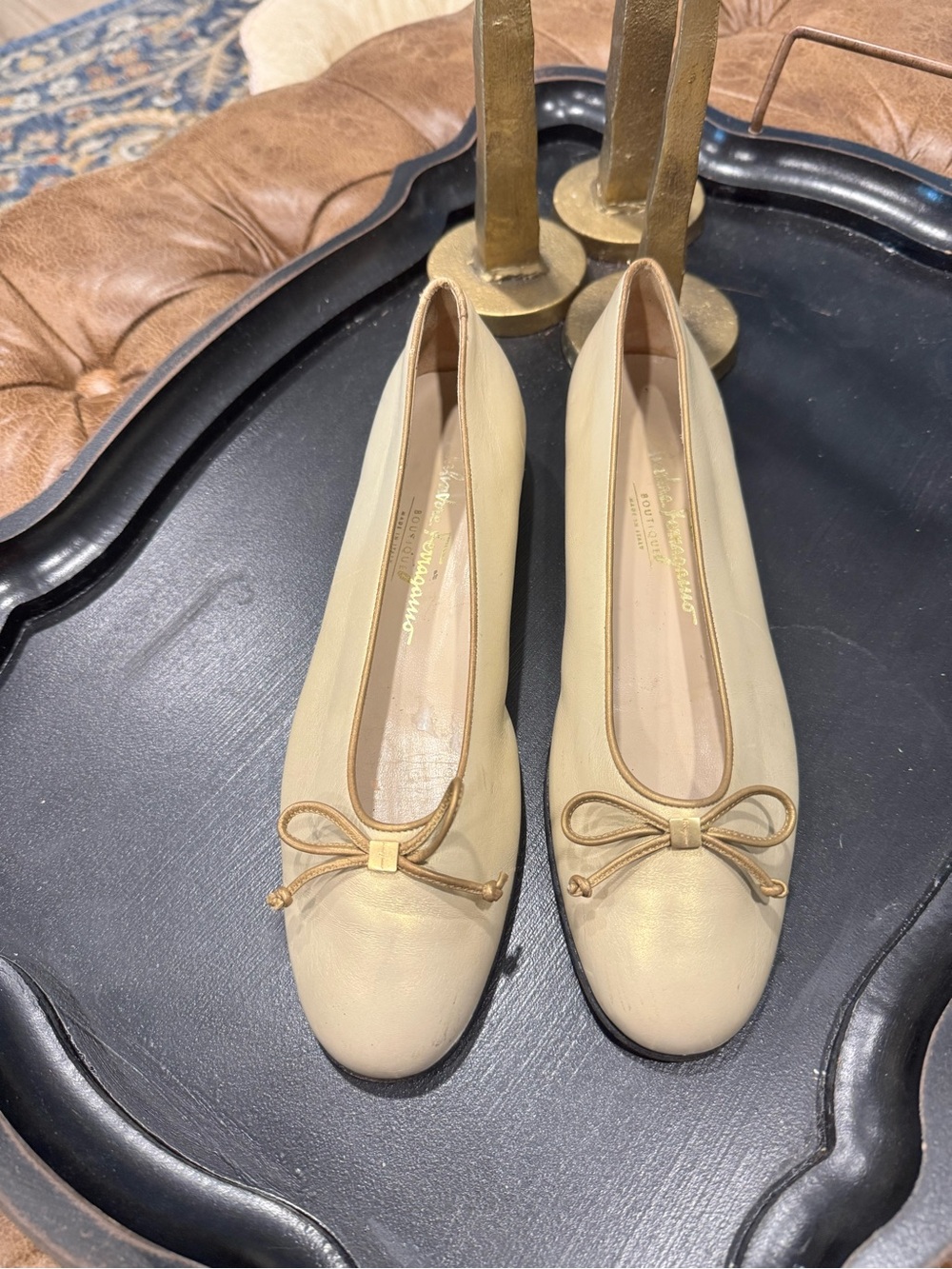 Vintage Salvatore Ferragamo Beige Gold Leather Ballet Flats with Bow
